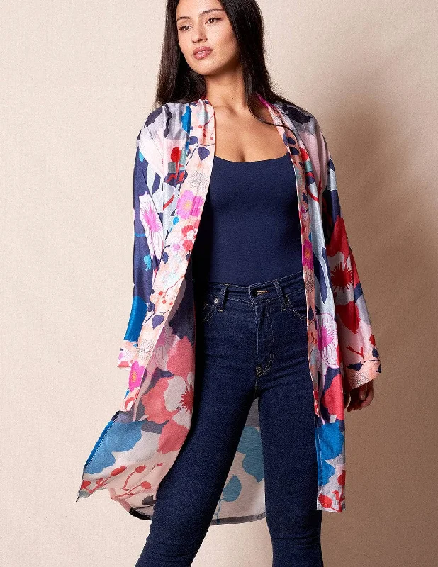 Fair Trade Open Wrap Kimono - Silver/Floral