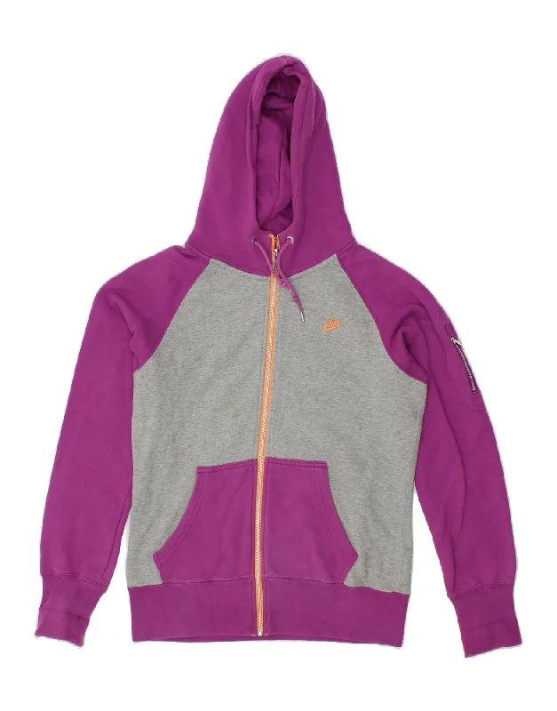 NIKE Womens Zip Hoodie Sweater UK 14 Medium Purple Colourblock Cotton