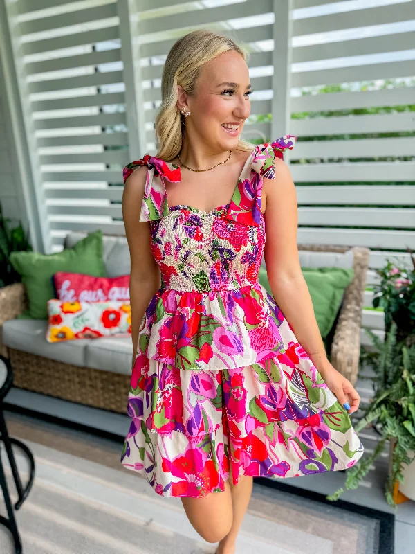 Smocked Multi Floral Mini Dress