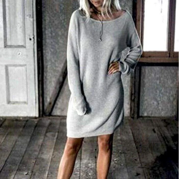 FashionSierra - New Fashion Women O Neck Long Sleeve Dress Solid Color Loose Dress Ladies Casual Warm Mini Dress Winter