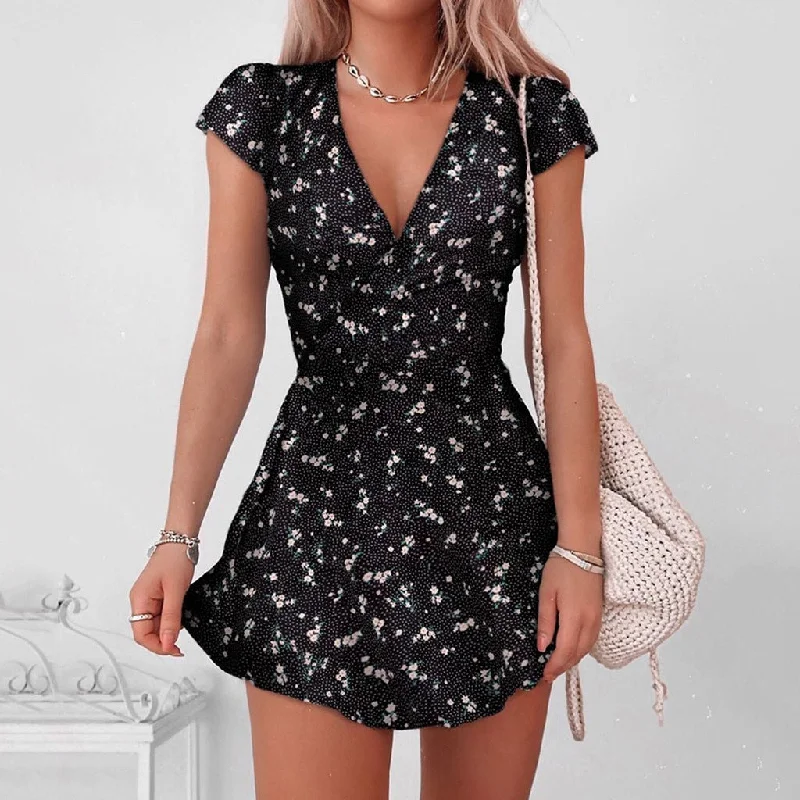 FashionSierra - Floral Print Wrap Short Sleeve V Neck High Waist Mini Dress