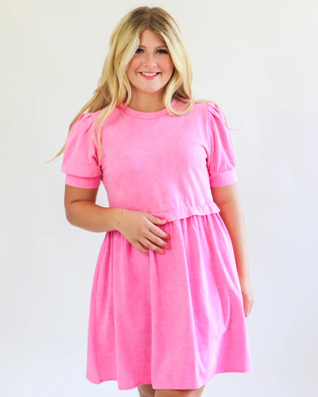 Washing Cotton Mini Dress in Pink