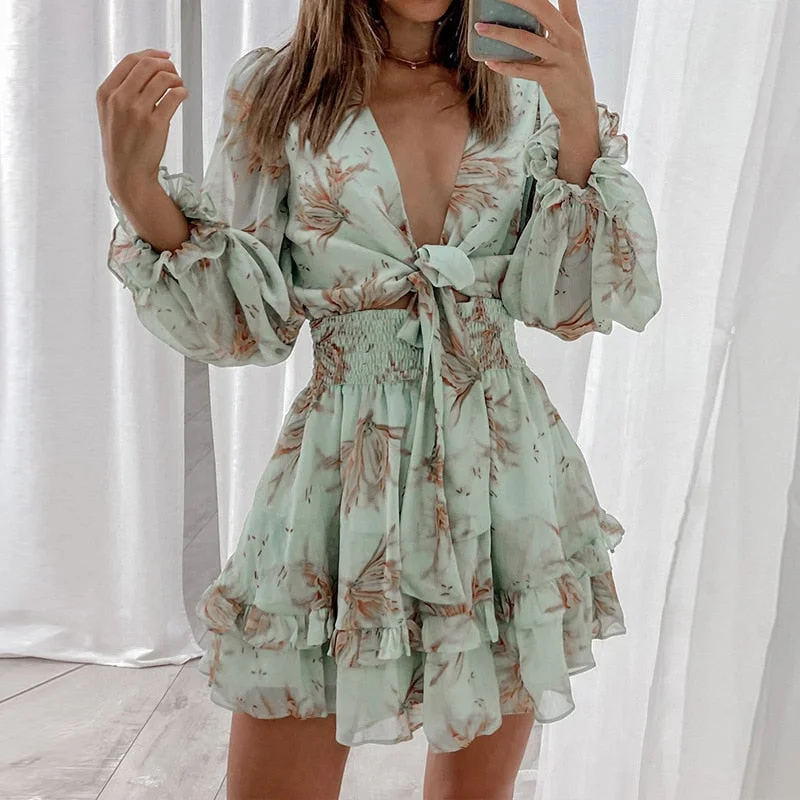 FashionSierra - Floral Chiffon Ruffles A-Line Deep V Tied Up Dress