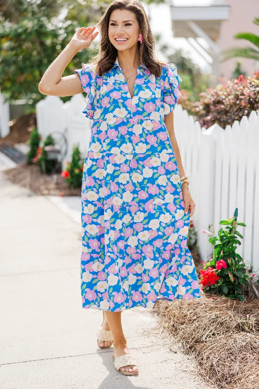 Look You Up Blue & Pink Floral Ruffled Midi Dress