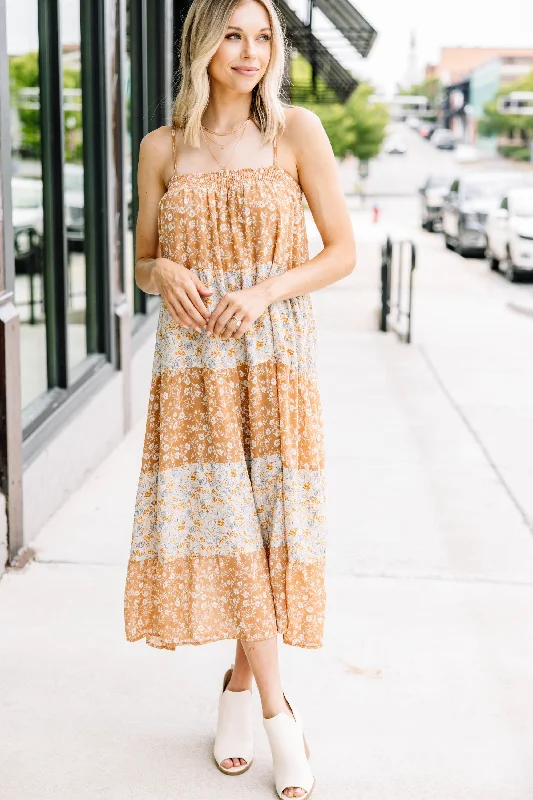 Stay With Me Taupe Brown Ditsy Floral Midi Dress