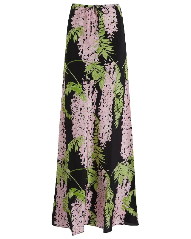 Black and Pink Wisteria Print Emily Maxi Skirt