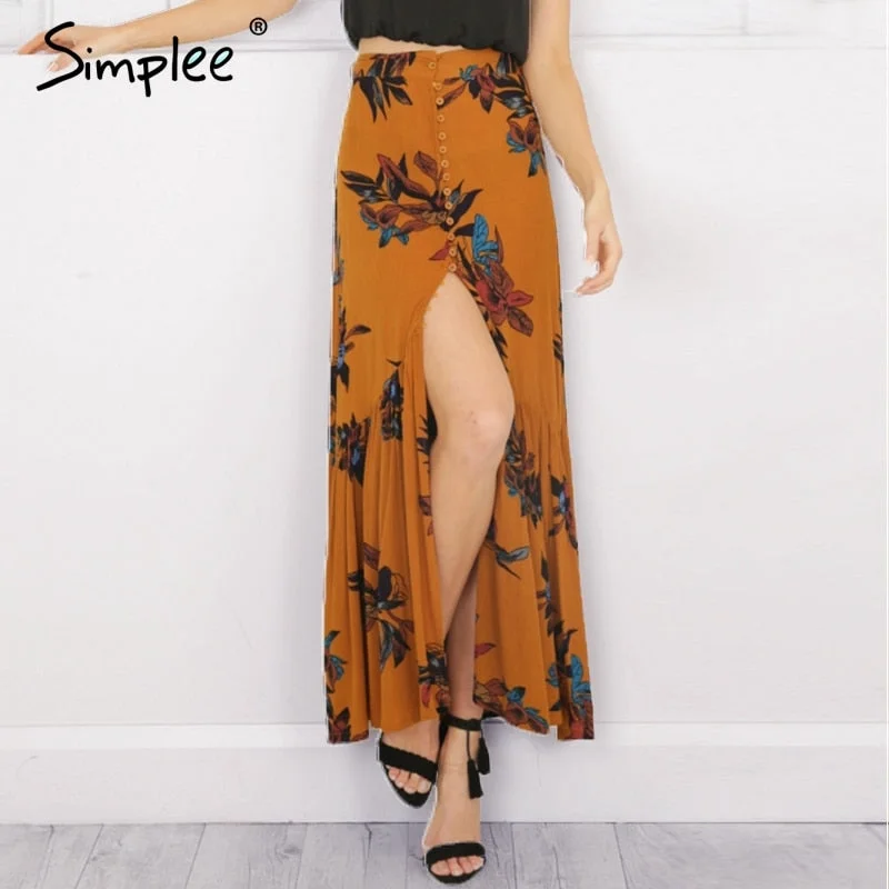 High waist boho print long skirt Women split maxi skirt