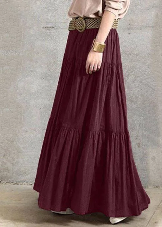 Solid Color Big Swing Elastic Waist Pleated Casual Long Skirt For Women