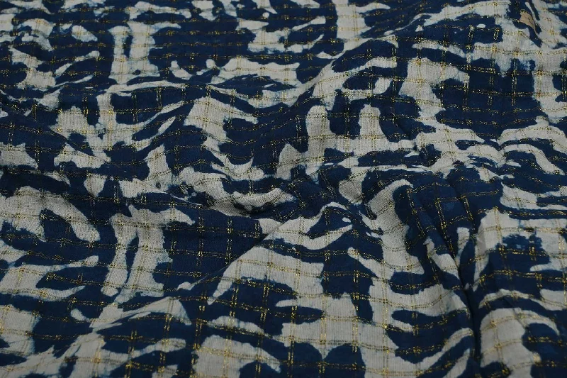 Indigo Blue & White Abstract Cotton Voile Lurex Fabric