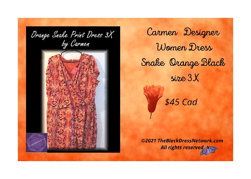 Carmen  Fashion Designer Women New Dress Snake Print Orange Black Plus 3X Trendy!