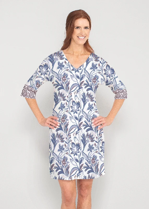 Floral Buds (8015) ~ Drop Shoulder 3/4 Sleeve V-Neck Dress