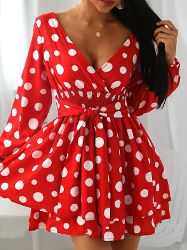 Women Polka Dot Print V-Neck Elastic Waist Long Sleeve Layered Dress