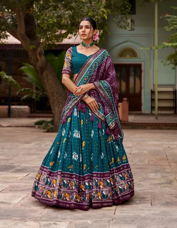 Teal Colored Tussar Silk Patola Printed Foil Worked Lehenga Choli