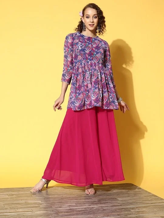 Women Blue Floral Printed High Slit Kurti with Palazzos