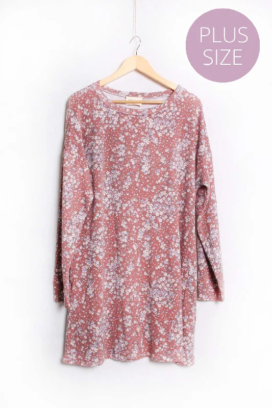 Women's Plus Long Sleeve Round Neck Floral Pocket Tunic Top