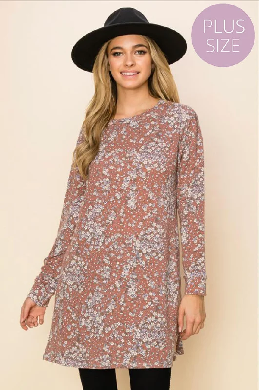 Women's Plus Long Sleeve Round Neck Floral Pocket Tunic Top