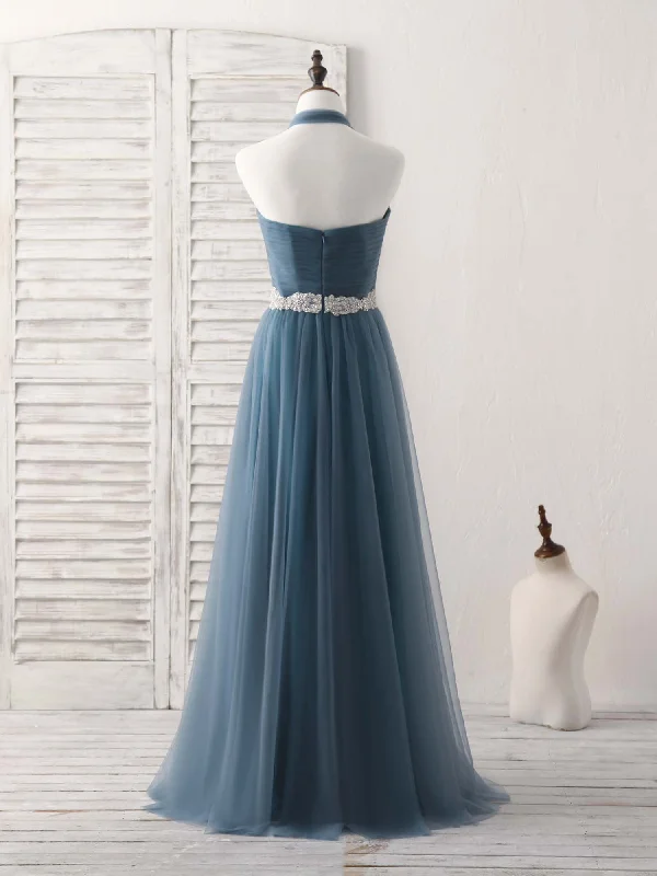 A-Line Gray Blue Tulle Long Bridesmaid Dress Gray Blue Prom Dress