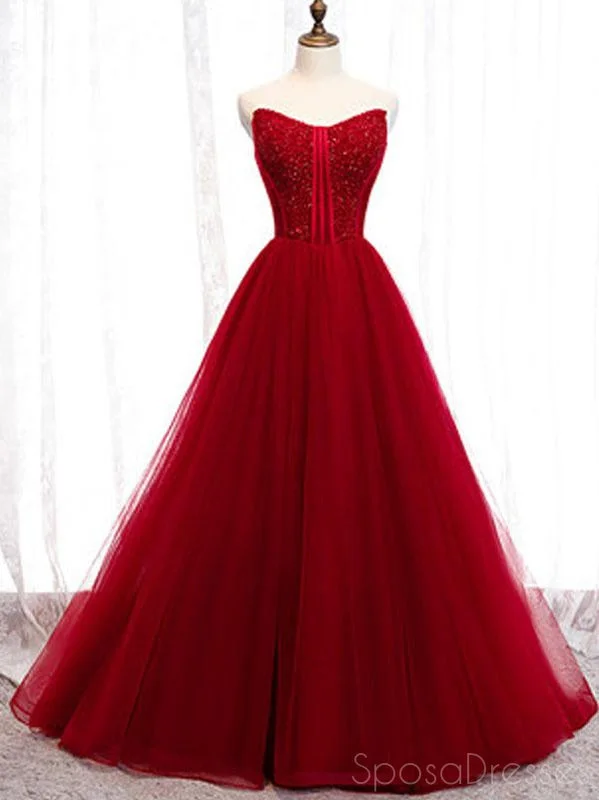 Red Tulle A-line Cheap Long Evening Prom Dresses, Sweet 16 Prom Dresses, 12352