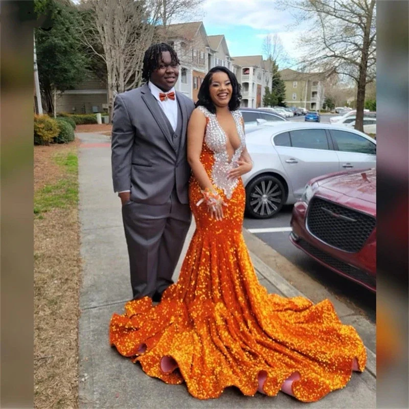 Sparkly Orange Sequins Mermaid Prom Dresses For Black Girls Sexy Sheer Neck Crystals