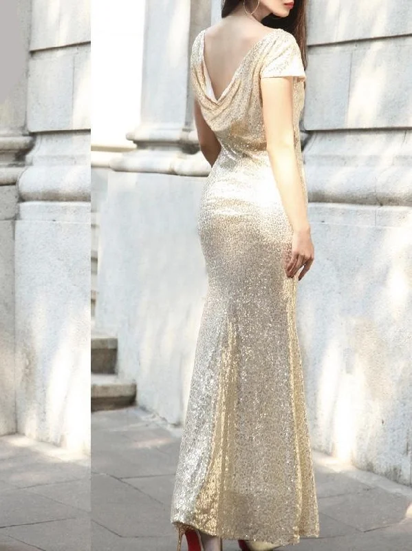 Golden Sexy Fishtail Evening Dress Long Dress Bridesmaid Evening Sequin Dress