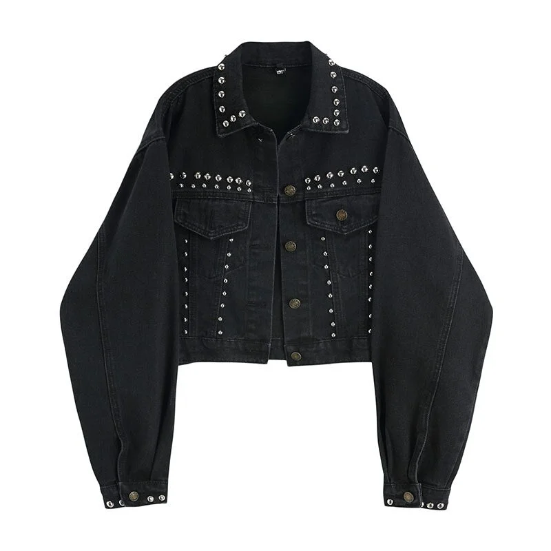 2023 Autumn Harajuku Gothic Womens Black Denim Jacket Full Sleeve Loose Button Rivet Short Lapel Casual Long Sleeve Denim Coats