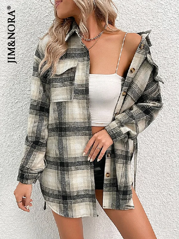 JIM & NORA Women Thick Plaid Shirts Winter Warm Blouses Tops Casual Lapel Collar Shirt Jacket Female Clothes Coat Outwear