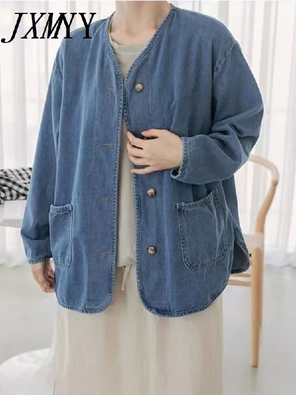 imCharms Spring And Autumn Loose All-Match Single-Breasted Casual Simple Denim Jacket Top Women's Clothing